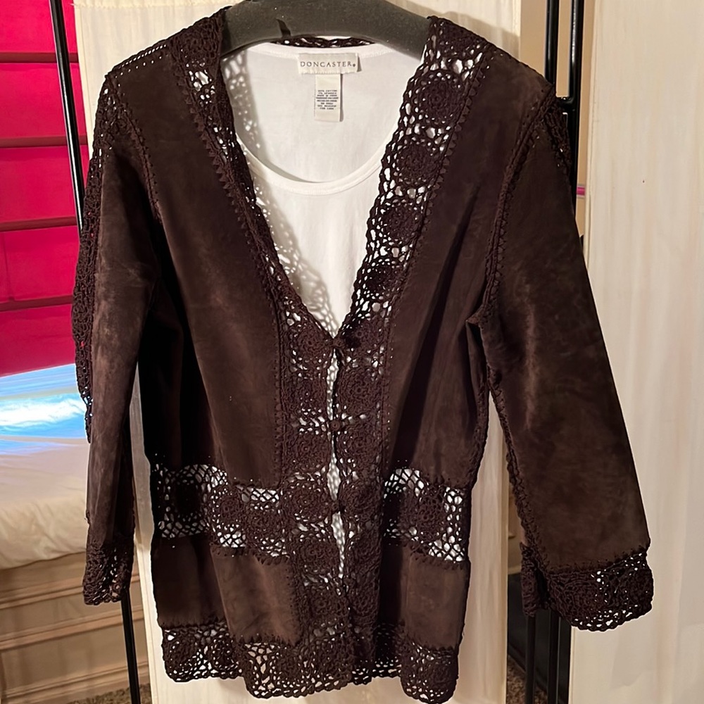 Doncaster suede and crochet trim 3/4 split sleeve jacket